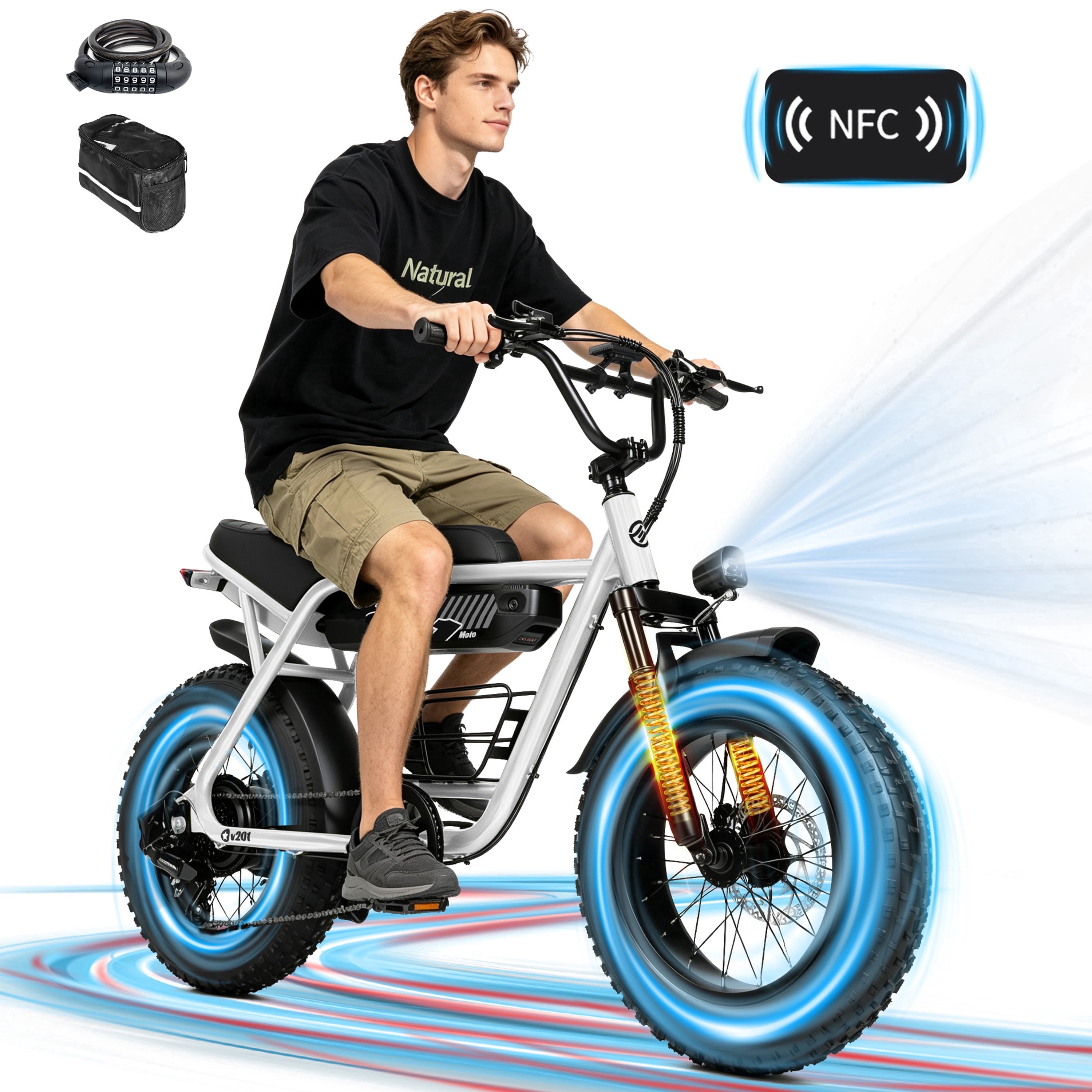 ESKUTE V201D Electric Bike for Adults & Teens, 500W, 19MPH, 48V 15.6Ah Battery, 20"x4.0" Fat Tire Ebike, 7-Speed , Front Suspension, All-Terrain Electric Bicycle Black, UL2849