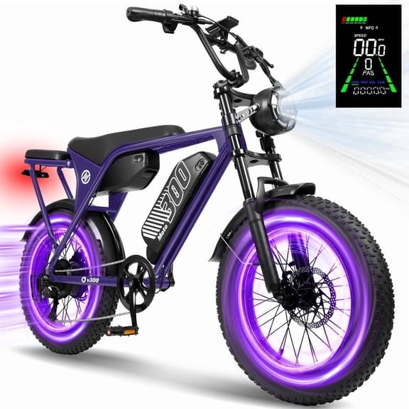 ESKUTE V300D Ebike for Adults, Up to 30MPH Electric Bicycle, Peak 1500W Motor, 52V 41.6AH Removable Battery, 20" x 4.0" Fat Tire E-Bike, Full Suspension, 7-Speed for All Terrain Purple, UL2849