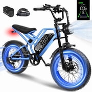 ESKUTE V300D Ebike for Adults, Up to 19MPH Electric Bicycle, 749W Motor, 48V Battery, 20" x 4.0" Fat Tire E-Bike, Full Suspension, 7-Speed for All Terrain Blue with Phonebag & Lock, UL2849