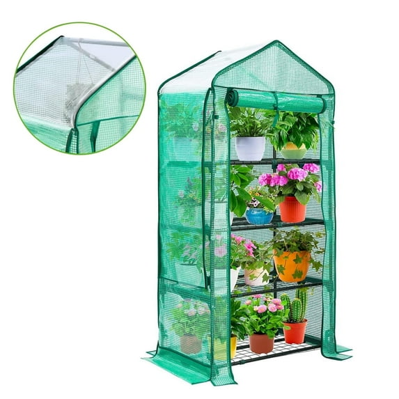 Mini Greenhouse with Screen Roof, ESL Upgraded Portable 4 Tier Small Greenhouses for Outdoors Indoor with Reelable Door, Heavy Duty Plastic Green House for Outside Garden Patio Yard Porch Balcony