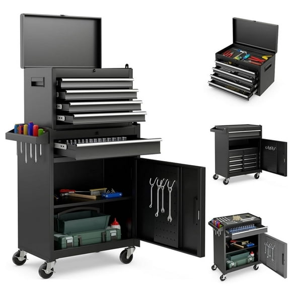 Rolling Tool Chest, 5 Drawers with Big Cabinet, Tool Trolley with 4 Universal Lockable Wheels and Lock Bar, Great Black Tool Cart for Garage Workshop, Sturdy Heavy Duty Tool Storage, Easy Assemble