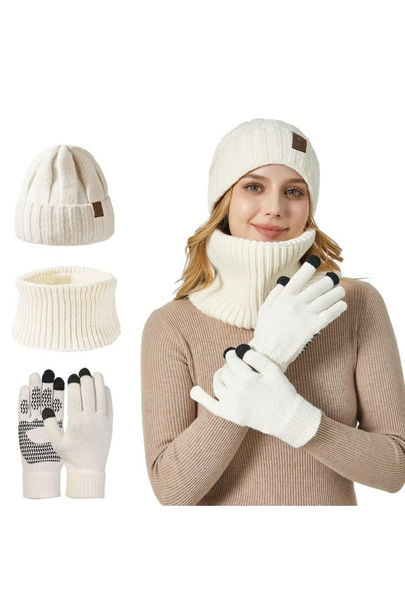 3Pcs Winter Warm Hat Scarf Gloves Knit Cap Screen Mittens Scarves Sets One Size for Women & Men , White