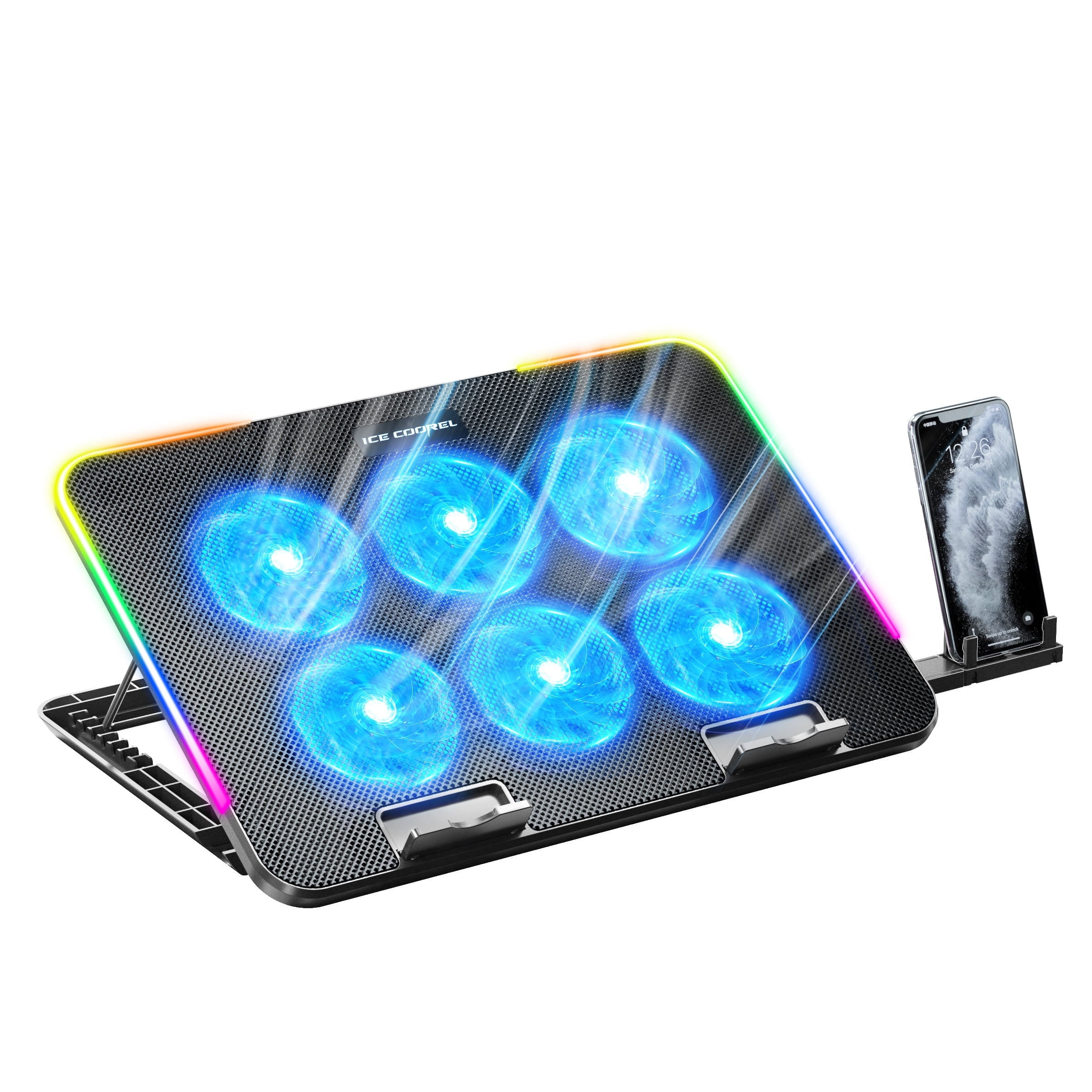 ESLIFE Laptop Cooling Pad, RGB Gaming, 6 Quiet Fans, 2 USB Ports, Phone Holder, for 13"-18" Laptops