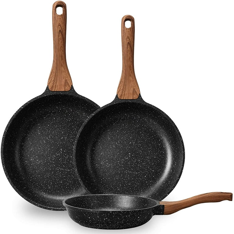 Eslite Life Frying Pan Set Nonstick Skillet Set Induction Compatible with Granite Coating 3 Piece, 8 inch, 9.5 inch and 11 inch, Size: Medium, Black
