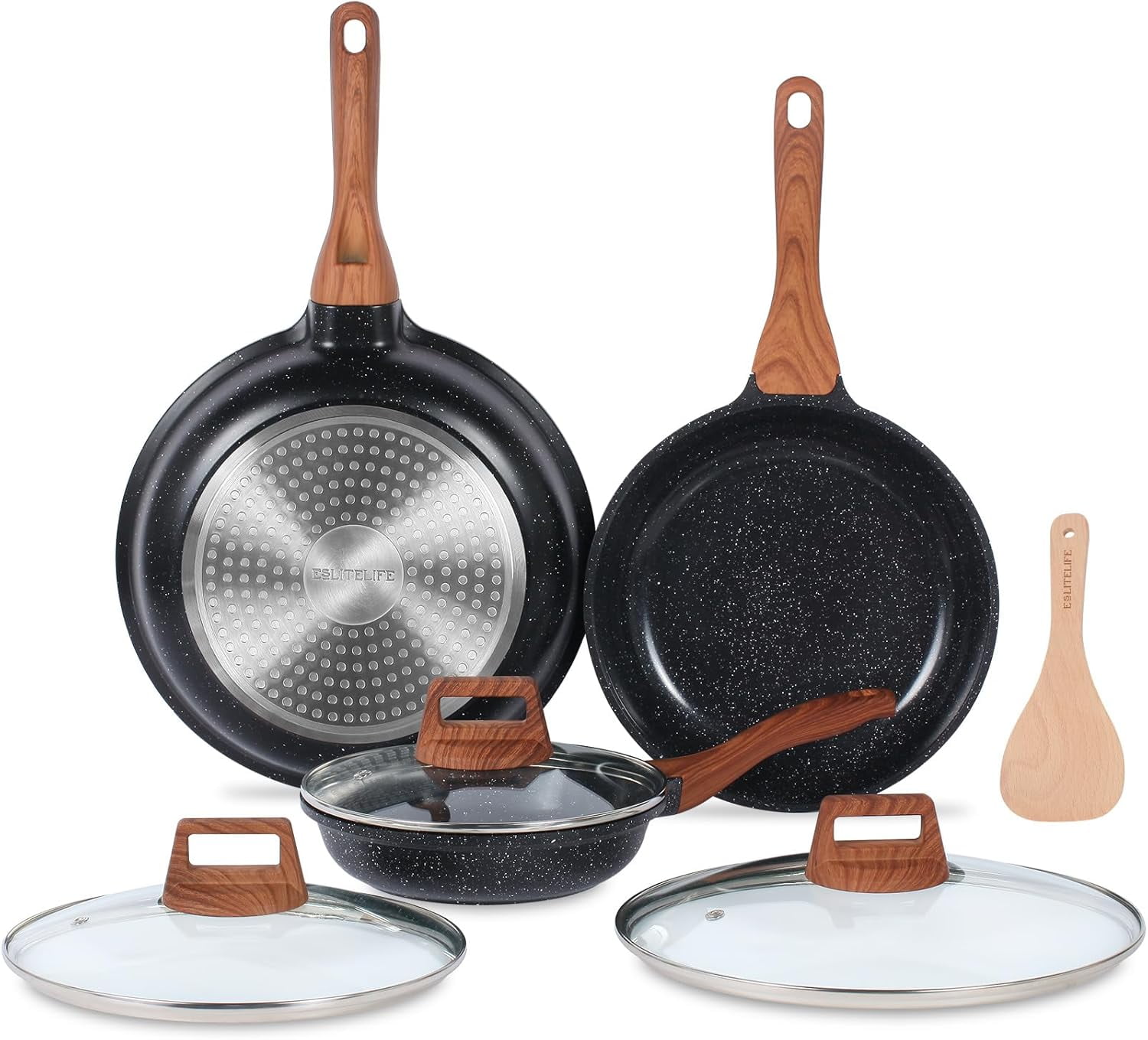 ESLITE LIFE Nonstick Ceramic Frying Pans Skillets Set with Lids, NonToxic Egg Omelette Kitchen