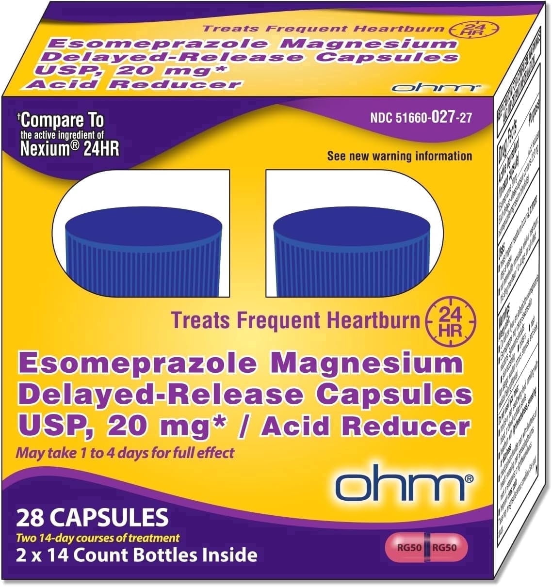 Ohm Esomeprazole Magnesium Delayed Release Capsules 20mg - Frequent Heartburn & Acid Reflux Relief, 24 Hour Chest & Stomach Acid Reducer (4 Weeks of Supply, 28, Count)