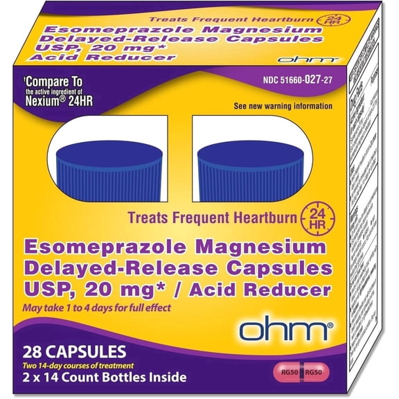 Ohm Esomeprazole Magnesium Delayed Release Capsules 20mg - Frequent Heartburn & Acid Reflux Relief, 24 Hour Chest & Stomach Acid Reducer (4 Weeks of Supply, 28, Count)