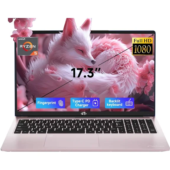 ESOOR 17.3" FHD IPS Gaming Laptop - AMD Ryzen 5 6600H (6-Core) Computer with Radeon 660M, 32GB DDR5 RAM, 1TB SSD, Backlit Keyboard, 100W Type-C, Fingerprint,Windows 11-Rose Gold