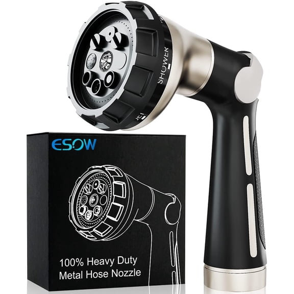 ESOW Garden Hose Nozzle Sprayer, 100% Heavy Duty Metal Water Hose Nozzle with 8 Different Spray Patterns, High Pressure Hand Sprayer for Watering Plant & Lawn, Washing Car & Pet