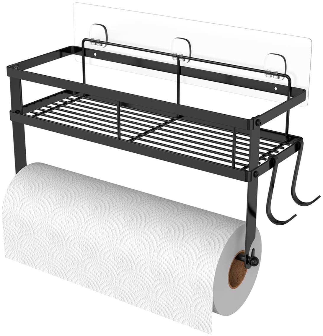 ESOW Matte Black 2in1 Shelf Storage Paper Towel Holder with Adhesive Wall Mount & Durable