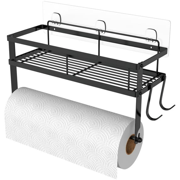 ESOW Paper Towel Holder with Shelf Storage, Adhesive Wall Mount 2-in-1 Basket Organizer for Kitchen & Bathroom, Durable Metal Wire Design, Stainless Steel 304 Matte Black Finish