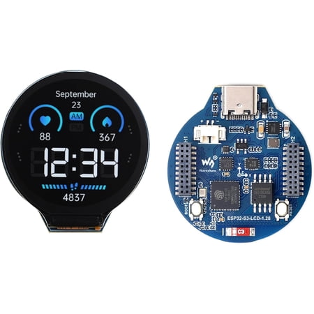 ESP32-S3 with 1.28inch Round LCD 240×240 Resolution ESP32 S3 Development Board with IPS Display, 32-bit LX7 Dual-Core Processor, GC9A01 Driver Chip, Supports W-i-F-i/Blue-too-th,Type-C Connector
