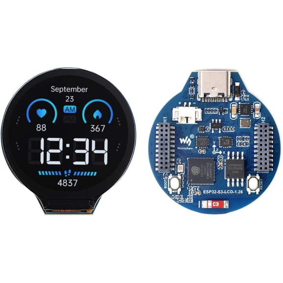 ESP32-S3 MCU Board with 1.28inch IPS Round LCD Display, Supports 2.4GHz Wi-Fi (802.11 b/g/n) and Bluetooth 5, 32-bit LX7 Dual-core Processor, 16MB Flash & 2MB PSRAM, Type-C Connector