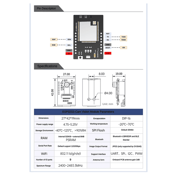 ESP32-S3 Wifi Camera Module AI Vision Module Support WiFi Video Transmission Face and Color Recognition Dual-Mode Kit
