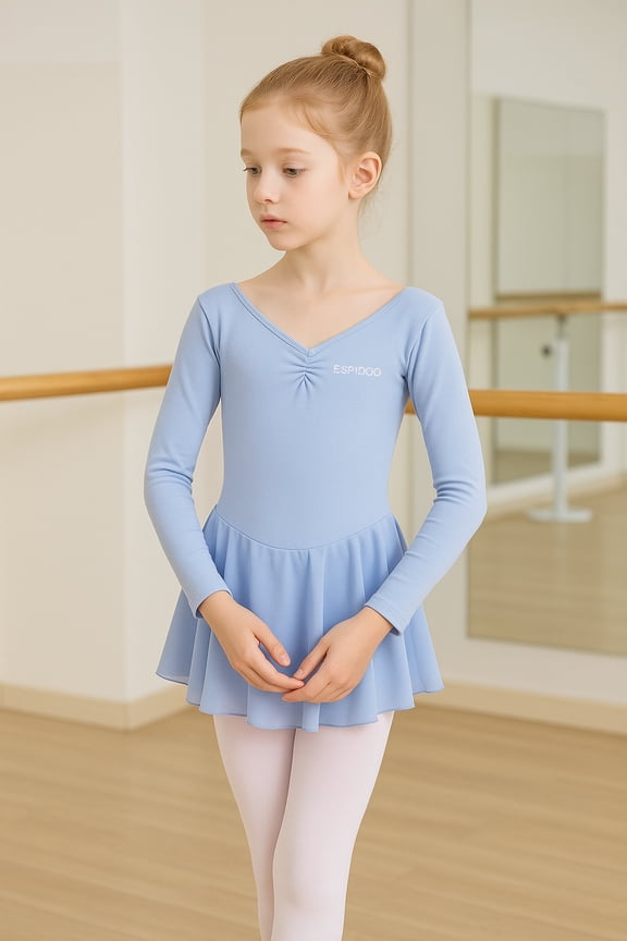 Girls' Long Sleeve Ballet Leotard Dress with Skirt  Soft Cotton Dancewear with V-Neck, Back Bow & Snap Crotch  Toddler to Big Kids Ballet Outfit