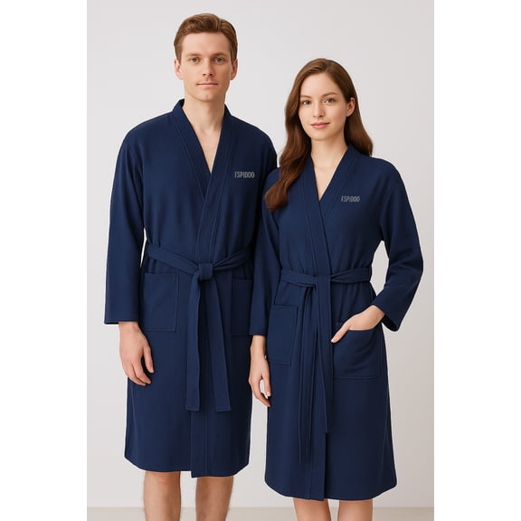 ESPIDOO Unisex Lightweight Waffle Weave Bathrobe with Japanese Collar and Belt Soft Cotton Loungewear Robe for Men and Women, Navy Blue, Sizes M-XL