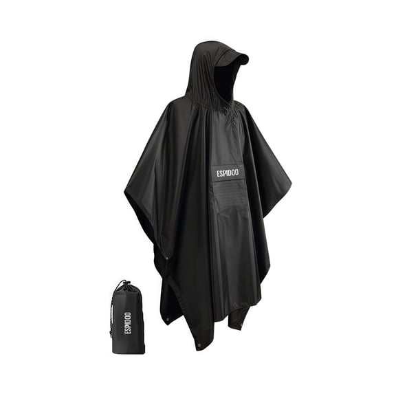 ESPIDOO Waterproof Rain Poncho for Men & Women 210T PU-Coated Polyester, Portable, Lightweight, Multipurpose for Hiking, Camping, Travel, Emergency, Black