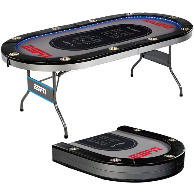 ESPN 10 Player Premium Foldable Poker Table, InLaid LED Lights, Gray