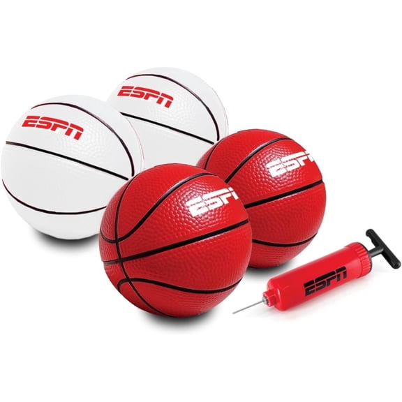 ESPN 5” Mini Basketball Set, 4 Mini Basketballs for Indoor Basketball Games with Pump, Red & White