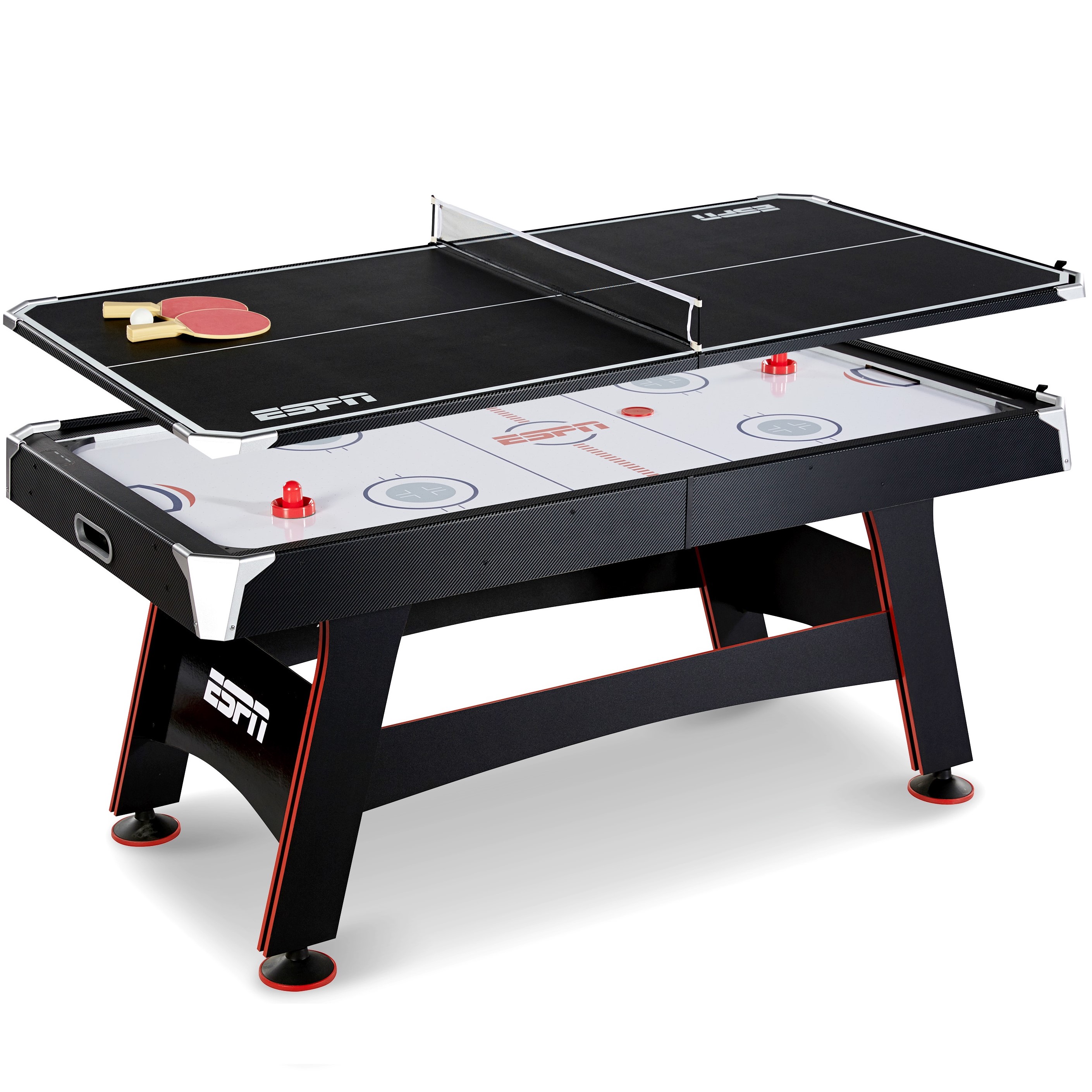 ESPN 72" Air Hockey Game Table & Table Tennis Top, Accessories Included, Black/Red - image 1 of 13