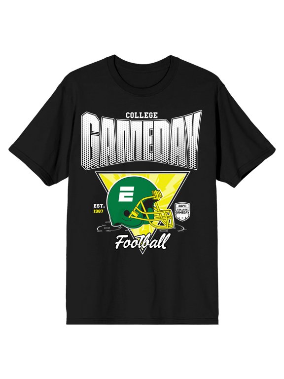 ESPN Green Football Helmet College Gameday Est. 1987 Adult Black White Crew Neck Short Sleeve T-shirt-Large