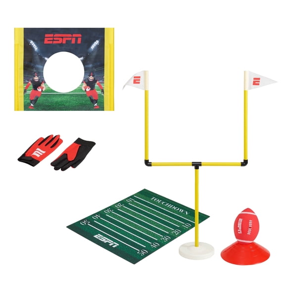 ESPN My First Touchdown Kids Football Set, Includes Mini Football, Field Goal Post, Passing Target, Gloves, & Play Mat