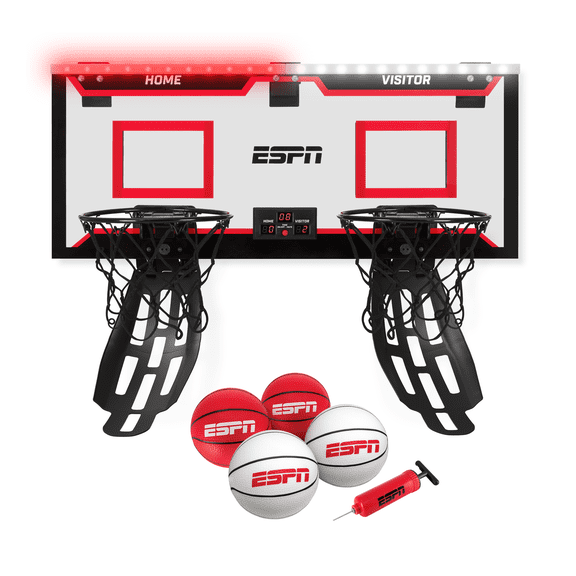 ESPN 2-Player Pro Dual Hoop with LED Scoreboard, Return Ramps, 4 Mini Basketballs and Pump for Games