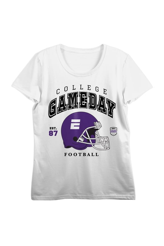 ESPN Purple Football Helmet College Gameday Est. 87 Women’s White Crew Neck Short Sleeve T-shirt-Large