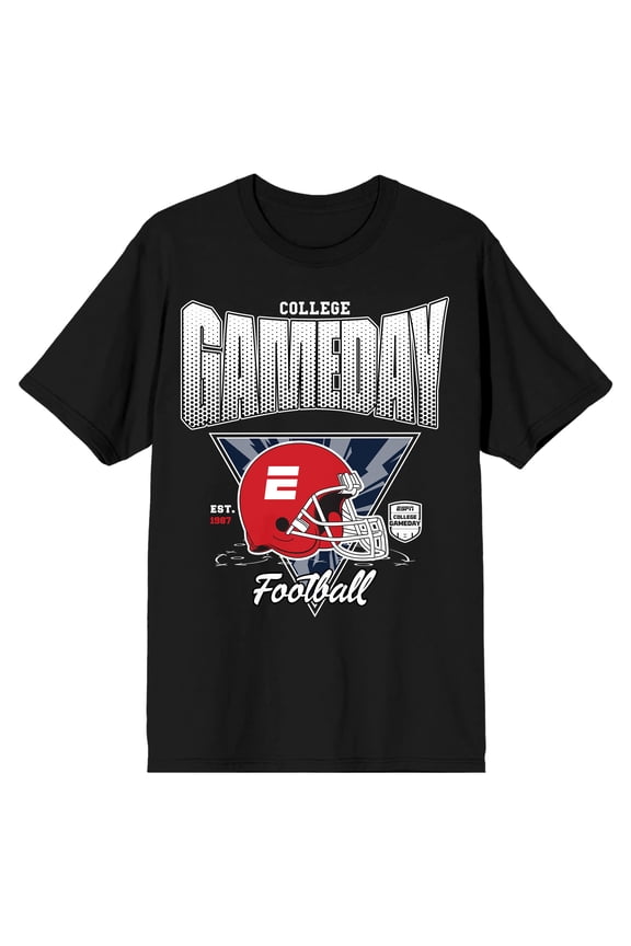 ESPN Red Football Helmet College Gameday Est. 1987 Adult Black White Crew Neck Short Sleeve T-shirt-Medium