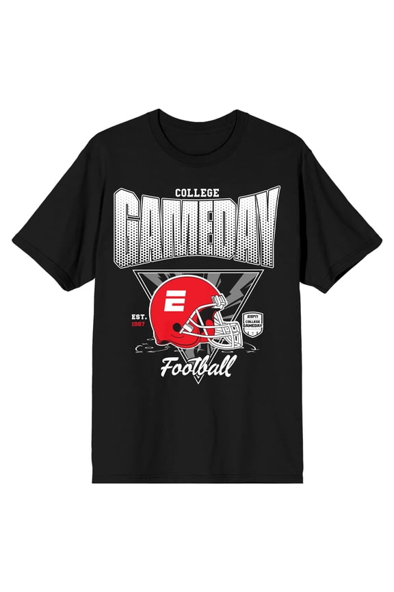 ESPN Red Football Helmet College Gameday Est. 1987 Adult Black White Crew Neck Short Sleeve T-shirt-Small