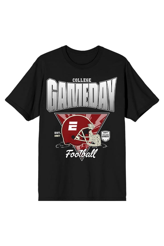 ESPN Red Football Helmet College Gameday Est. 1987 Adult Black White Crew Neck Short Sleeve T-shirt-XXL