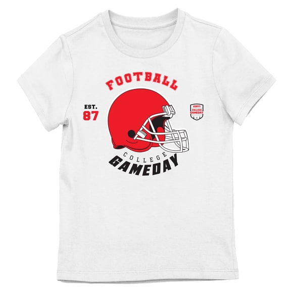ESPN Red Football Helmet College Gameday Est. 87 Girl’s White Crew Neck Short Sleeve T-shirt-Small