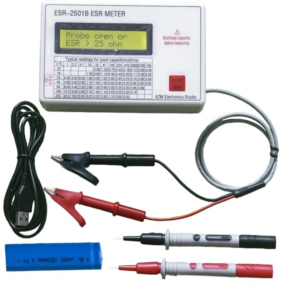 ESR-2501C Digital ESR Meter for Capacitors, Precise Capacitor Tester with LCD Display, Includes Test Probes, Crocodile Clips, USB Charging Cable, for Accurate Measurements and Easy Use