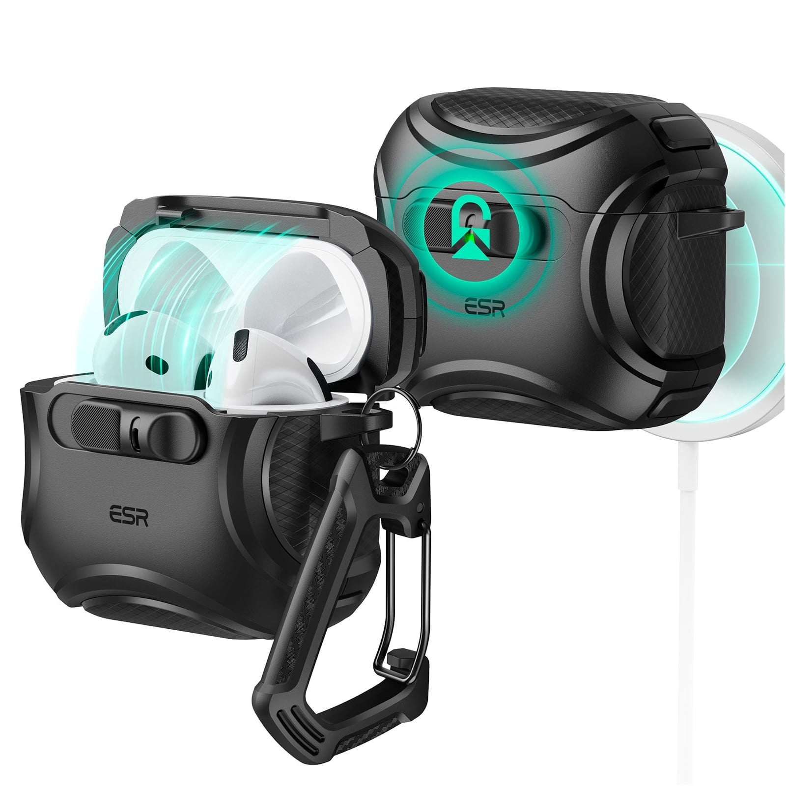 ESR Protective Case with Secure Lock, Compatible with AirPods 4th Gen (2024 USB-C Model), Shock-Absorbing & Magnetic Wireless Charging Design, Black