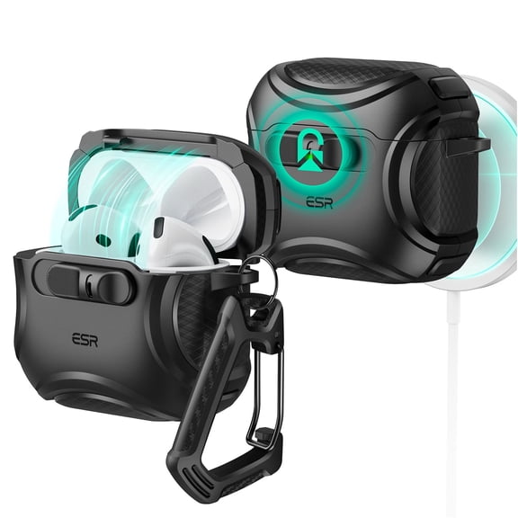 ESR Protective Case with Secure Lock, Compatible with AirPods 4th Gen (2024 USB-C Model), Shock-Absorbing & Magnetic Wireless Charging Design, Black