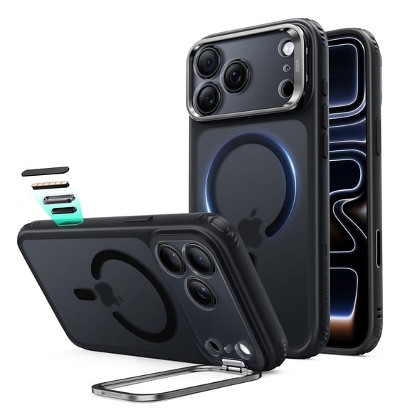 ESR Magnetic Case with Stash Stand Compatible with iPhone 17 Pro, Anti-Yellowing, Military-Grade Drop Protection, Scratch-Resistant Back Cover, Frosted Black