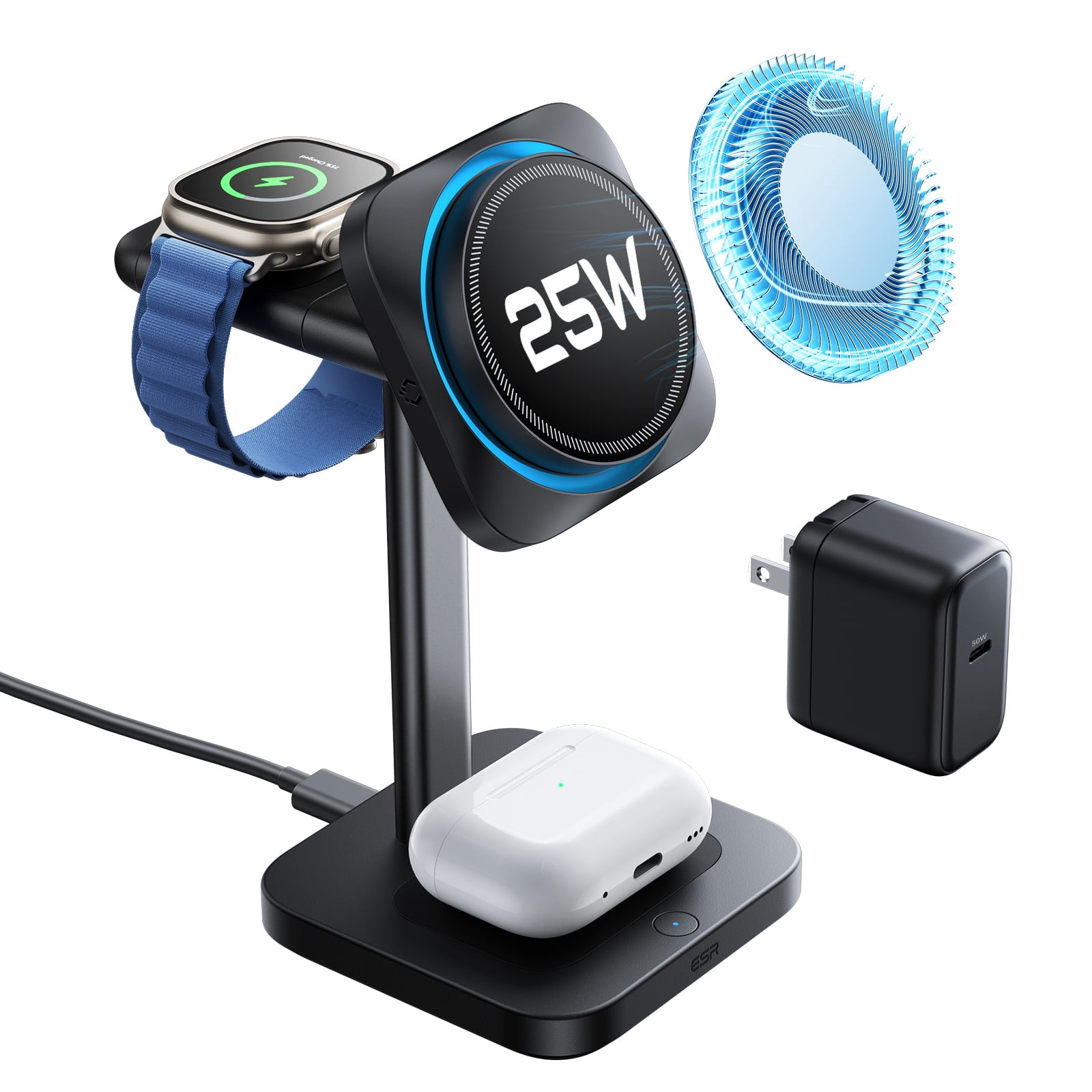 ESR CryoBoost 3-in-1 Charging Station Compatible with iPhone 17/16 (iOS 26), AirPods & Apple Watch, Qi2.2 Certified 25W Wireless Charger with Active Phone Cooling, Black