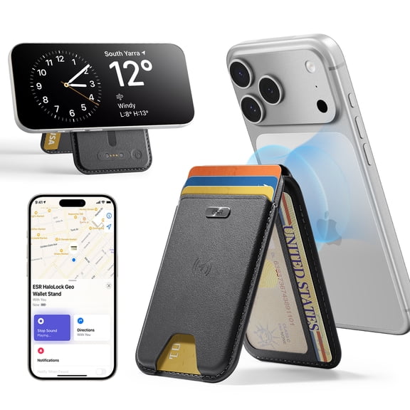ESR Geo MagSafe Wallet Compatible with iPhone 17e/17/16/15/14/13/12 Series, Full Find My Functionality, 5-Card RFID Blocking Holder with Adjustable Stand, Black