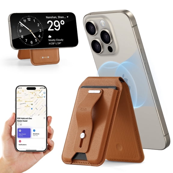 ESR Geo Magnetic Wallet Compatible with iPhone 12-17 Series, 5-Card RFID-Blocking Holder & Adjustable Stand, Brown