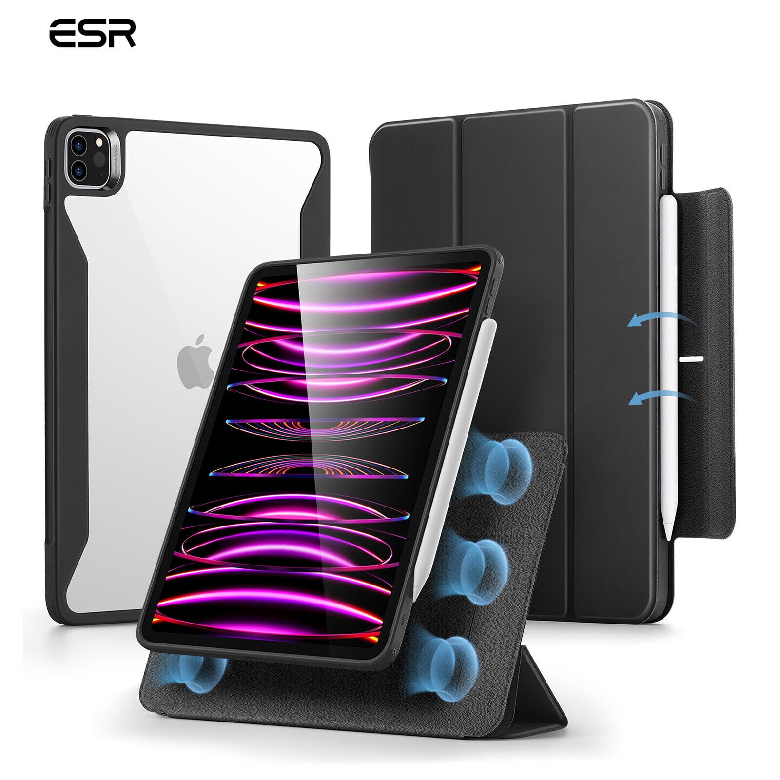 ESR Hybrid Case Compatible with iPad Pro 12.9 Inch (2022/2021), iPad Pro 12.9 Case with Pencil Holder, Detachable Magnetic Cover, Vertical Stand, Rebound 360 Series, Black