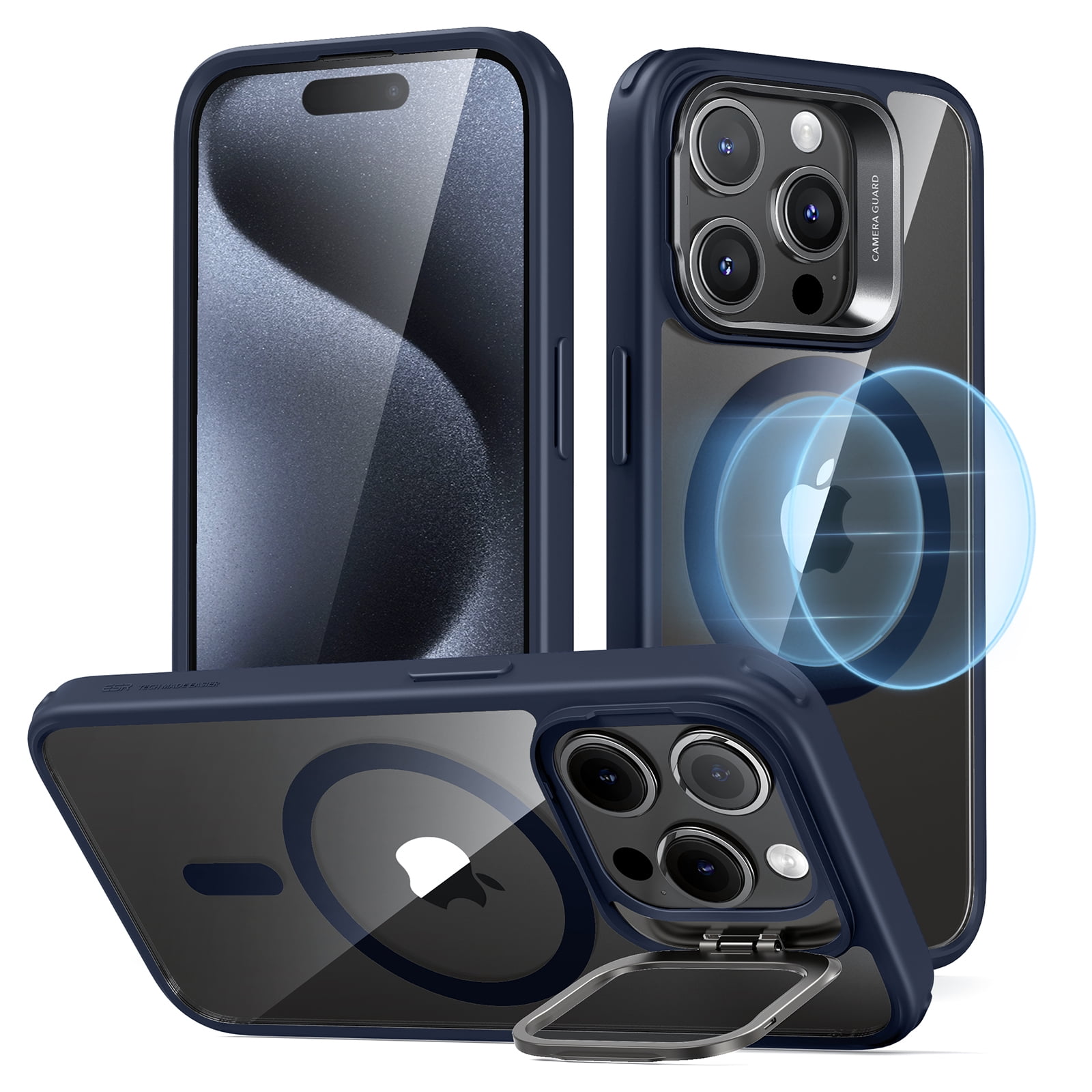 ESR Kickstand Case with HaloLock Compatible with iPhone 15 Pro Max Case, with adjustable Camera Guard, Compatible with MagSafe, Ultra-high Hardness Protection, Clear Dark Blue