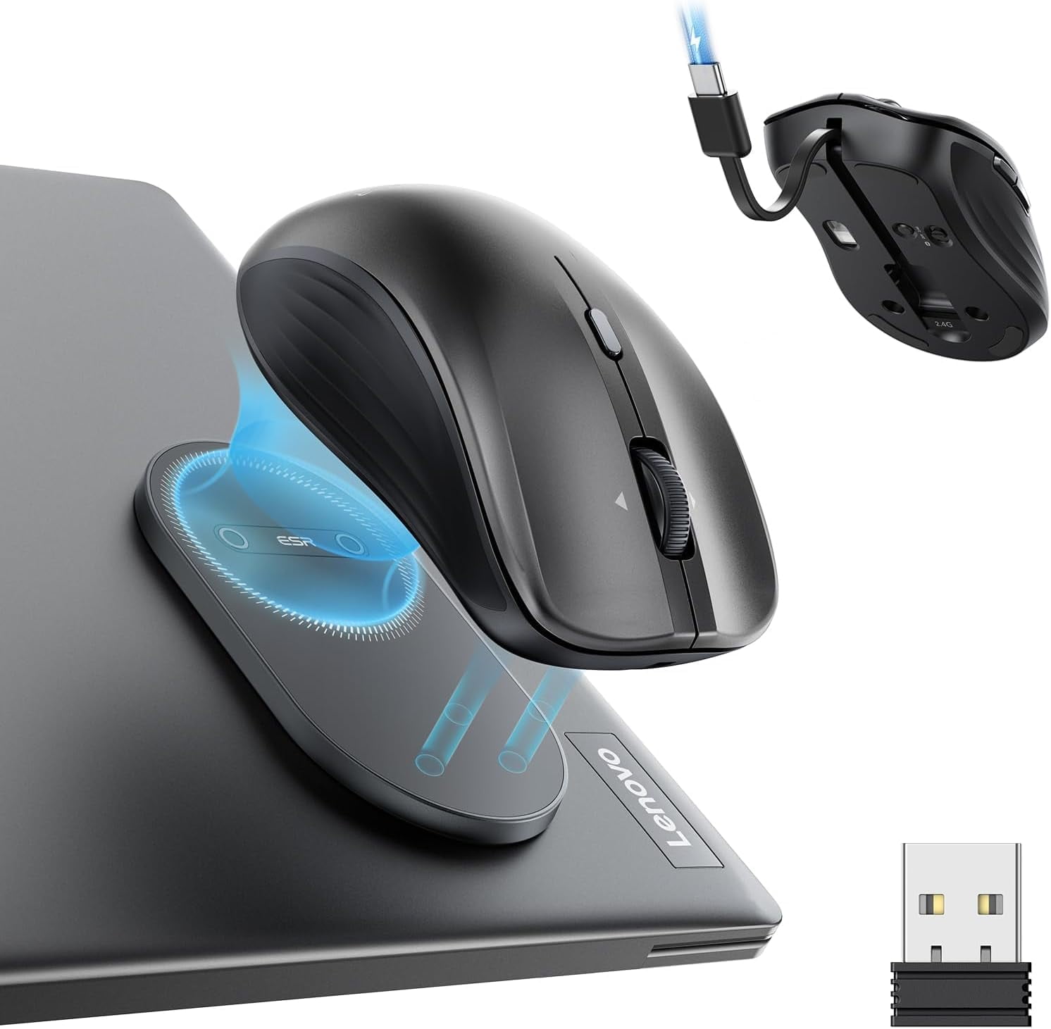 ESR MagMouse Rechargeable Bluetooth 5.0 Wireless Mouse, 2.4GHz Silent Ergonomic Mouse for Laptop with Built-in USB‑C Cable & Reusable Adhesive Holder - Black