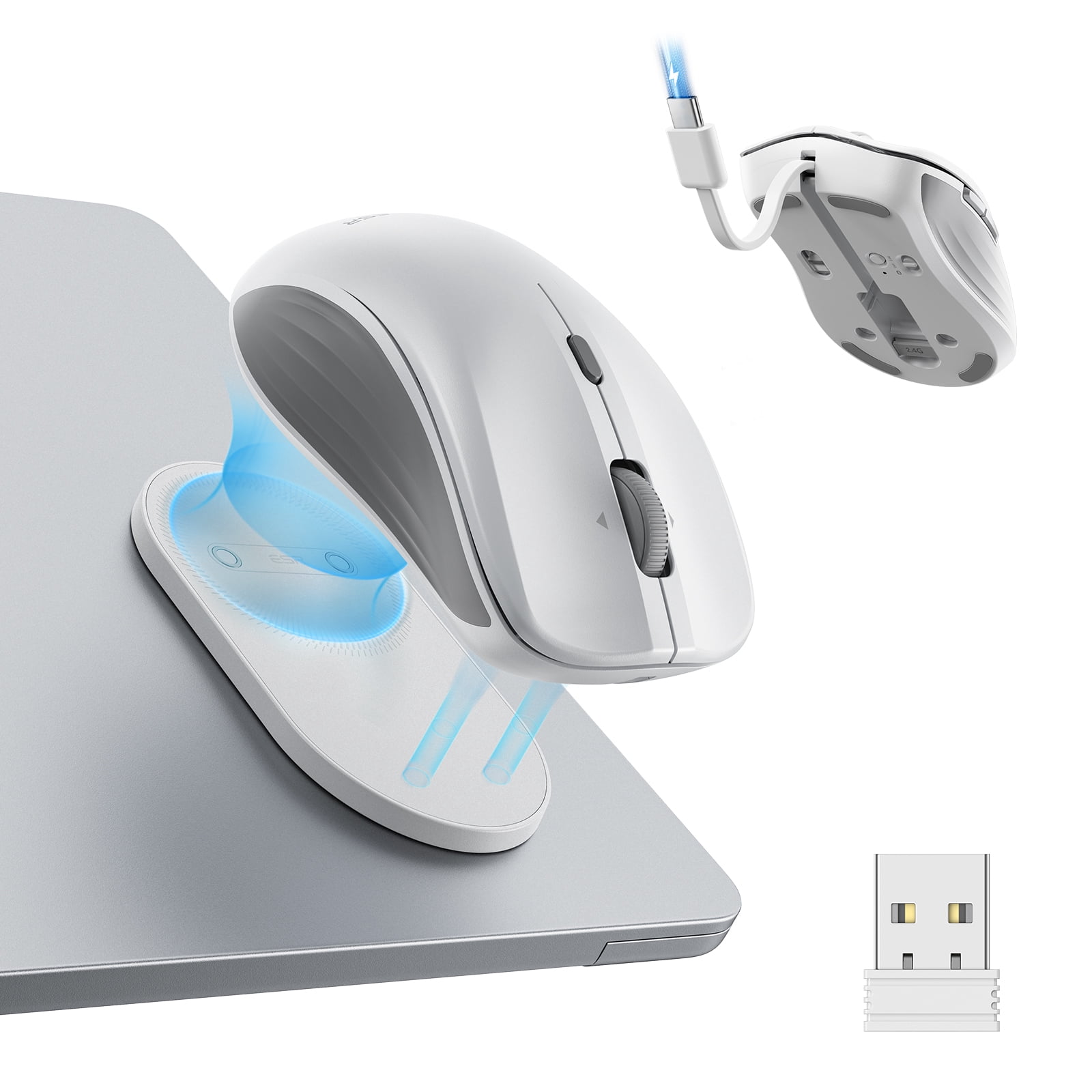 ESR MagMouse Bluetooth Wireless Mouse Compatible with Laptops, Rechargeable with Built-in Cable & Reusable Adhesive Holder, BT 5.0 + 2.4 GHz Silent Ergonomic, White