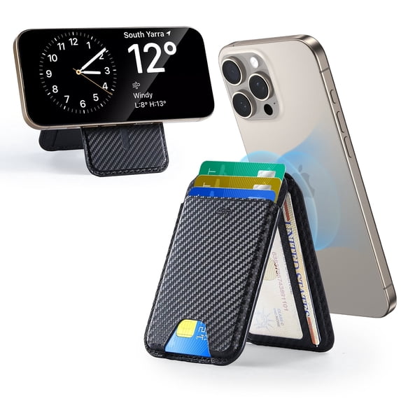 ESR MagSafe Wallet | 5‑Card RFID‑Blocking Holder & Adjustable Stand | Compatible with iPhone 12‑17 Series (Excl. Mini) & Select Samsung | Black Carbon Fiber
