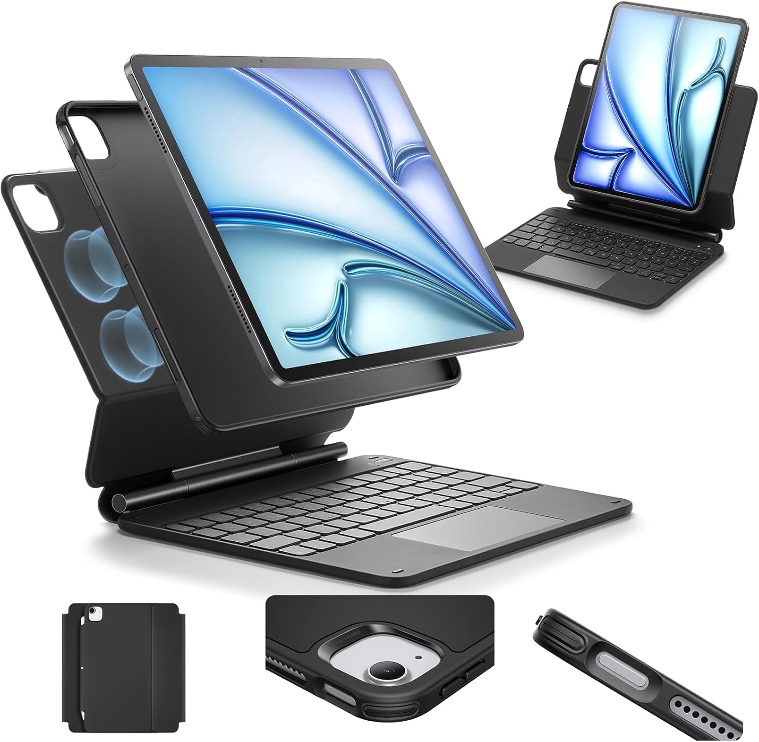 ESR Magnetic Keyboard Case for iPad Air 11" (M3/M2, 2024/2025) & iPad Pro 11/Air 5th/4th Gen, Easy‑Set Stand with Portrait & Raised Modes, Removable Protective Cover, Black