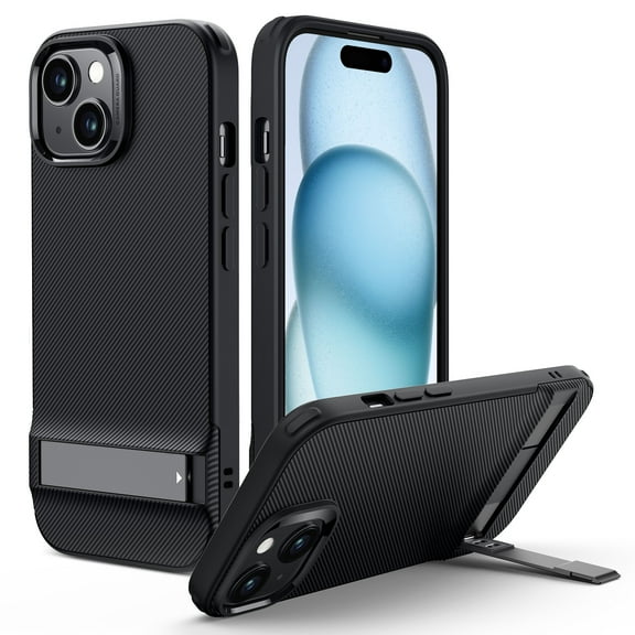 ESR Metal Kickstand Case for iPhone 15 Case 2023, Patented Two-Way Stand Reinforced Drop Protection Slim Flexible Back Cover, Black