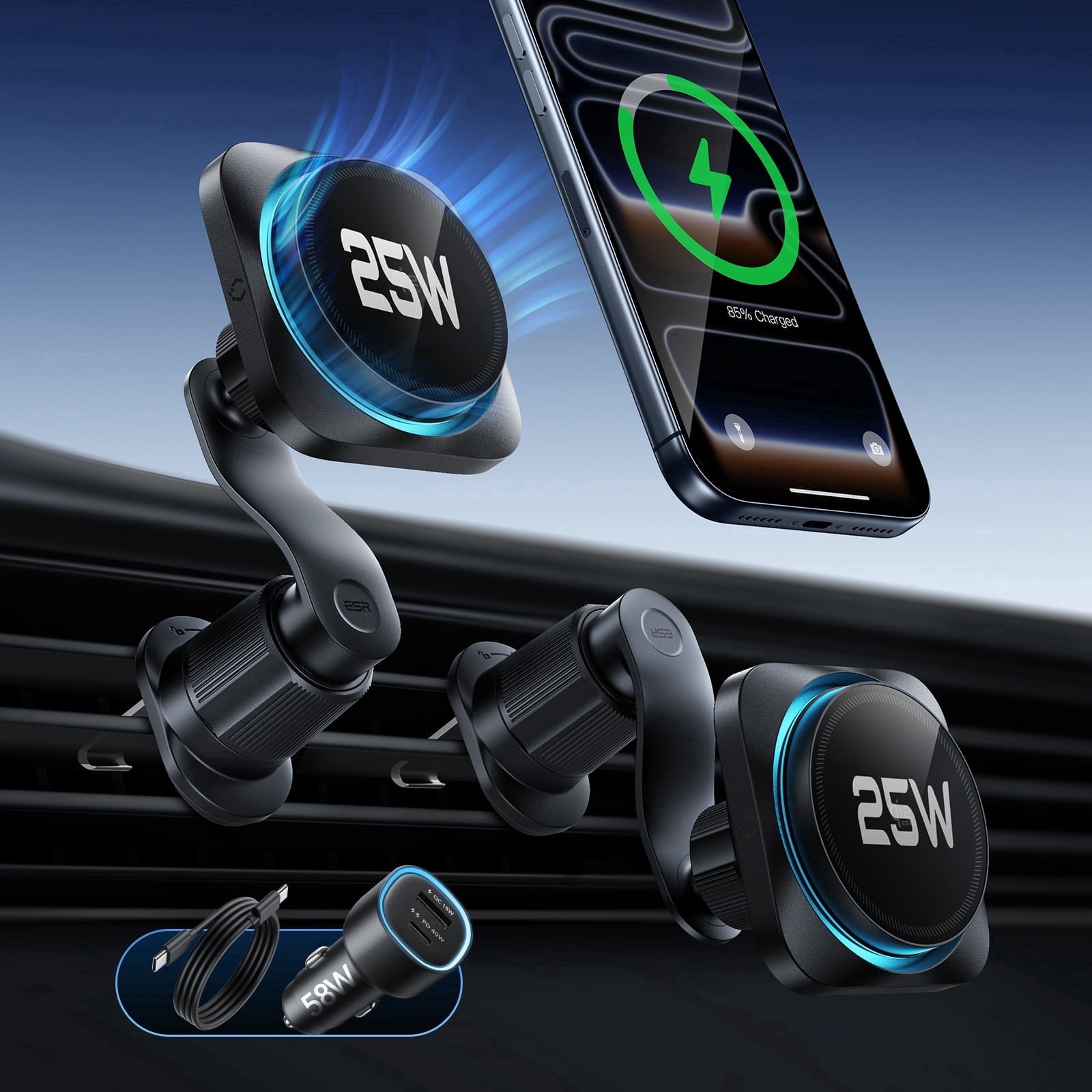 ESR OmniLock Magnetic Car Charger Compatible with iPhone 17/16 (iOS 26) & Qi2.2 Devices, 25W CryoBoost Cooling, 360 Rotatable Vent Mount, Black