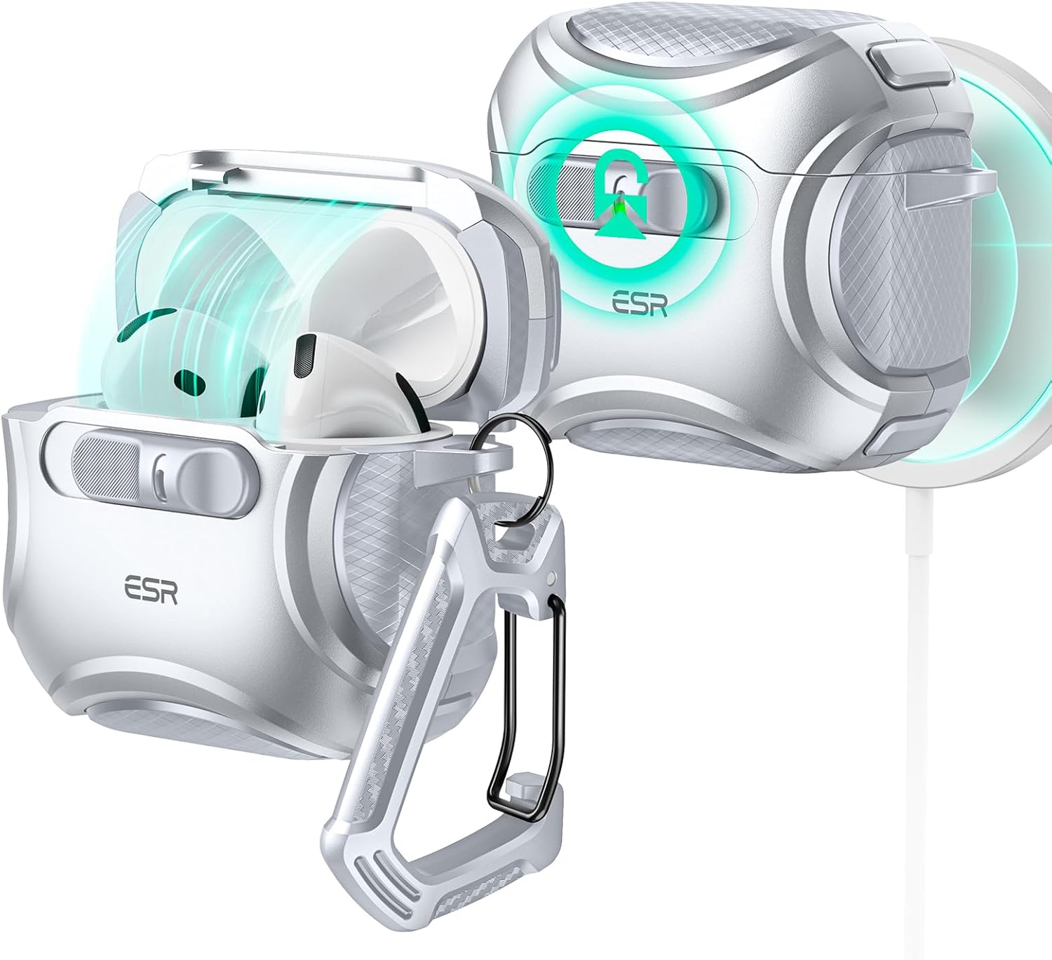 ESR Protection Case Compatible with AirPods 4 Generation (2024) (USB-C), Drop-Proof Lock & Easy Open, Cyber Series, Grey