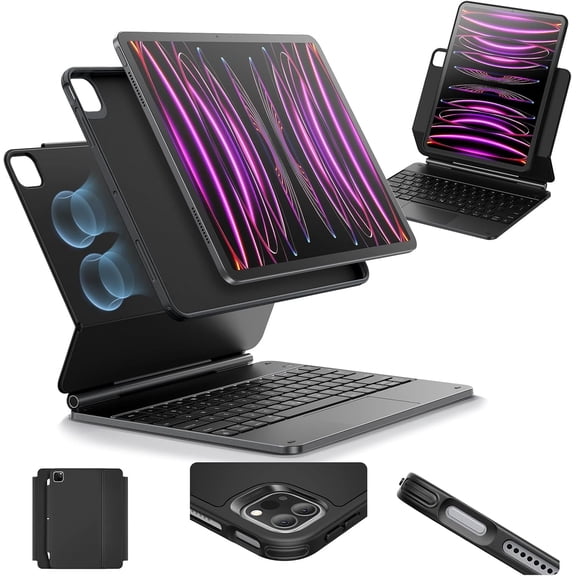 ESR Rebound 360 Keyboard Case for iPad Pro 12.9" (6th/5th/3rd Gen), Easy‑Set Magnetic Stand with Portrait & Raised Modes, Removable Protective Cover, Black