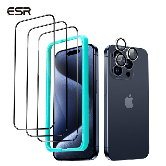 ESR Tempered-Glass Screen Protector Set, Compatible with iPhone 15 Pro Max, 3 Screen Films and 1 Lens Films